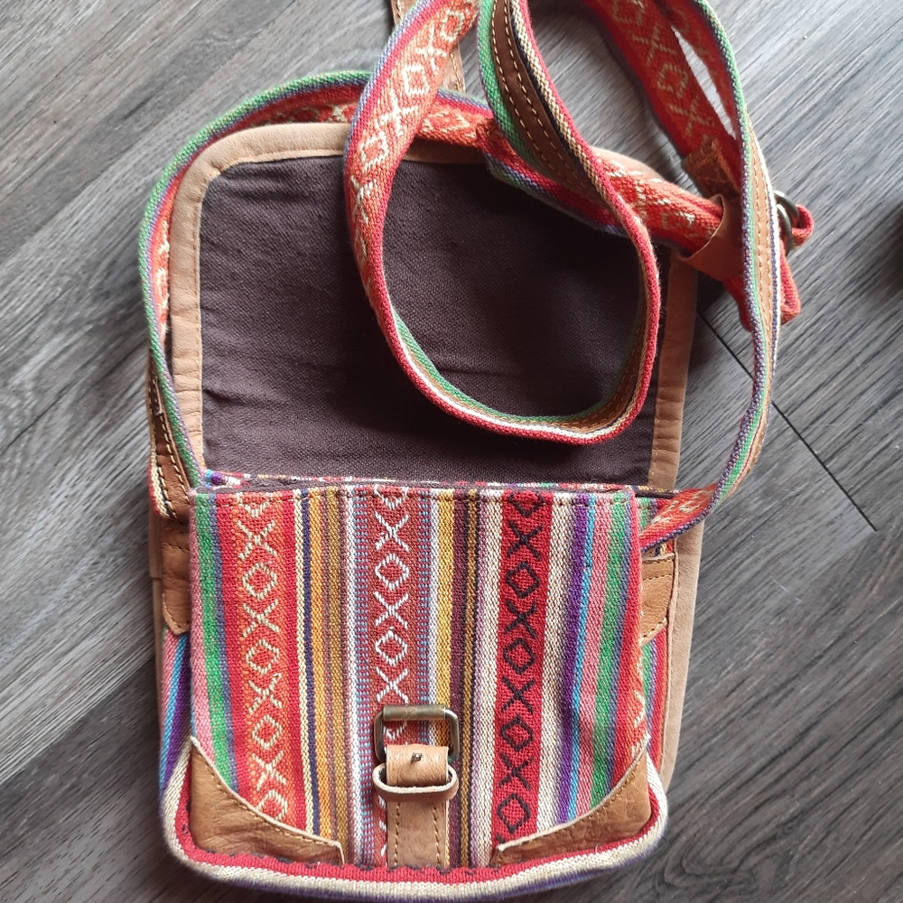 FAIR TRADE NEPALESE GHERI TEXTILE & BUFFALO LEATHER PASSPORT SHOULDER BAG
